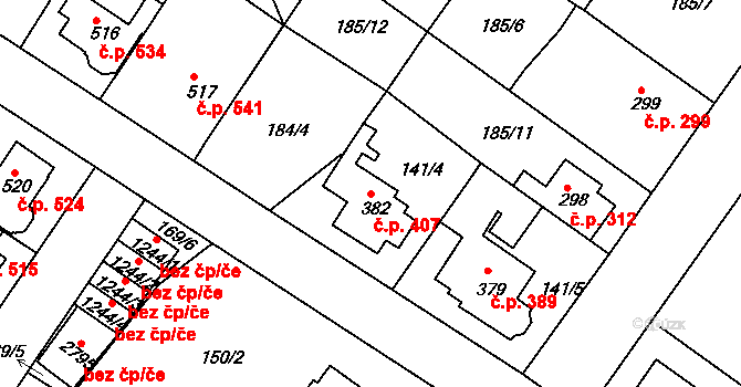 Neratovice 407 na parcele st. 382 v KÚ Neratovice, Katastrální mapa