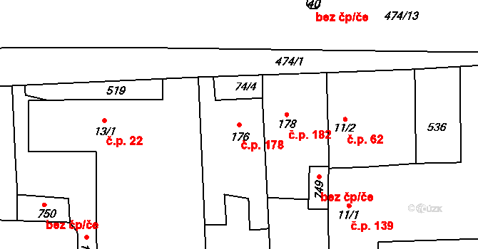 Rudná 178 na parcele st. 176 v KÚ Dušníky u Rudné, Katastrální mapa