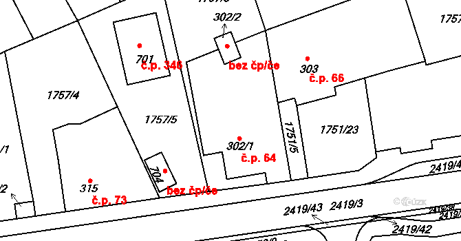 Klenčí pod Čerchovem 64 na parcele st. 302/1 v KÚ Klenčí pod Čerchovem, Katastrální mapa