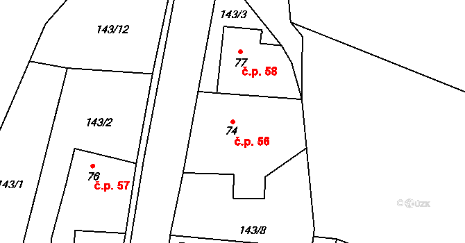Veleboř 56, Klopina na parcele st. 74 v KÚ Veleboř, Katastrální mapa