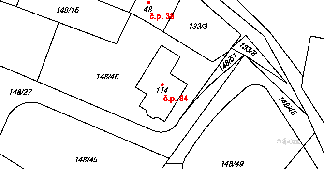 Pocoucov 84, Třebíč na parcele st. 114 v KÚ Pocoucov, Katastrální mapa