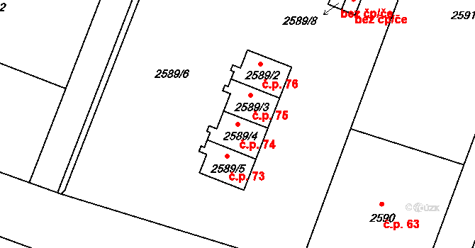 Vodná 74, Kamenice nad Lipou na parcele st. 2589/4 v KÚ Kamenice nad Lipou, Katastrální mapa