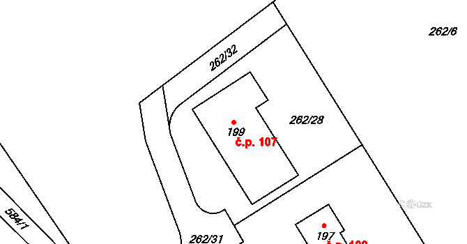Hvozdec 107 na parcele st. 199 v KÚ Hvozdec, Katastrální mapa