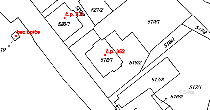 Kamenice nad Lipou 352 na parcele st. 518/1 v KÚ Kamenice nad Lipou, Katastrální mapa