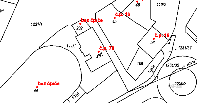 Hřivice 70 na parcele st. 43/1 v KÚ Hřivice, Katastrální mapa