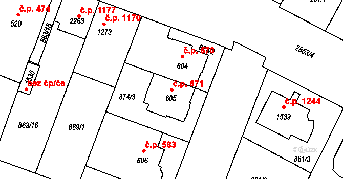 Bystřice pod Hostýnem 571 na parcele st. 605 v KÚ Bystřice pod Hostýnem, Katastrální mapa