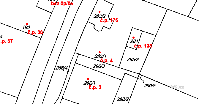 Hlízov 4 na parcele st. 283/1 v KÚ Hlízov, Katastrální mapa