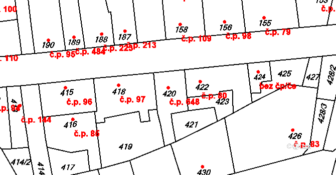 Švermov 648, Kladno na parcele st. 420 v KÚ Motyčín, Katastrální mapa