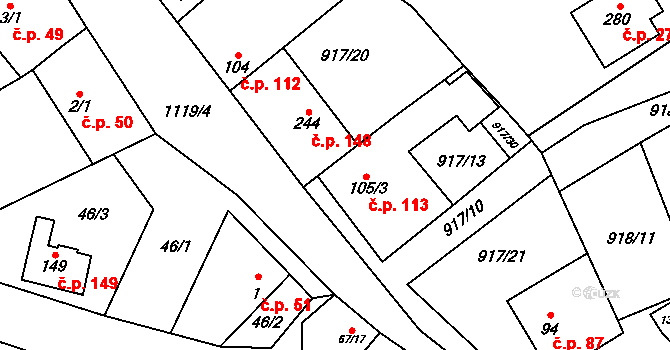 Chvalčov 113 na parcele st. 105/3 v KÚ Chvalčov, Katastrální mapa