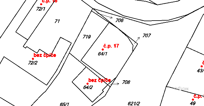 Milíčeves 17, Slatiny na parcele st. 64/1 v KÚ Milíčeves, Katastrální mapa