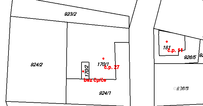 Horní Vysoké 27, Levín na parcele st. 170/1 v KÚ Levín u Litoměřic, Katastrální mapa