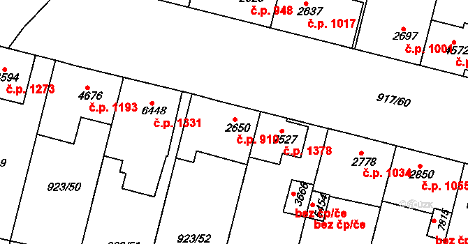 Horka-Domky 910, Třebíč na parcele st. 2650 v KÚ Třebíč, Katastrální mapa