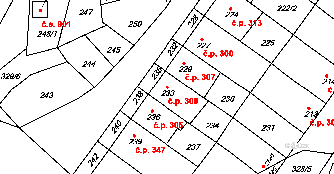 Žebětín 308, Brno na parcele st. 233 v KÚ Žebětín, Katastrální mapa