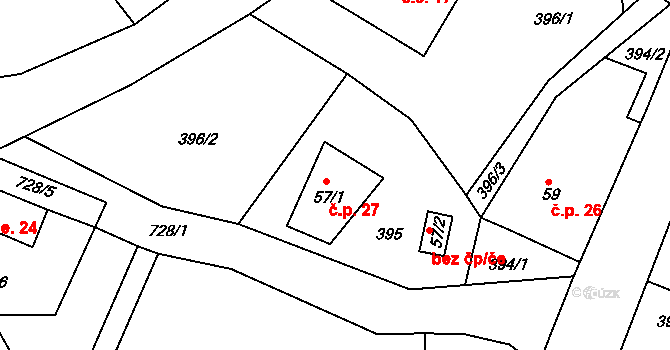 Těpeře 27, Železný Brod na parcele st. 57/1 v KÚ Chlístov u Železného Brodu, Katastrální mapa
