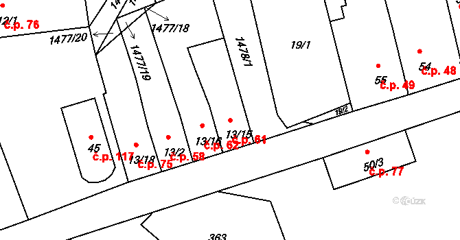 Obora 61 na parcele st. 13/15 v KÚ Obora u Loun, Katastrální mapa