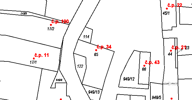 Zavidov 34 na parcele st. 65 v KÚ Zavidov, Katastrální mapa