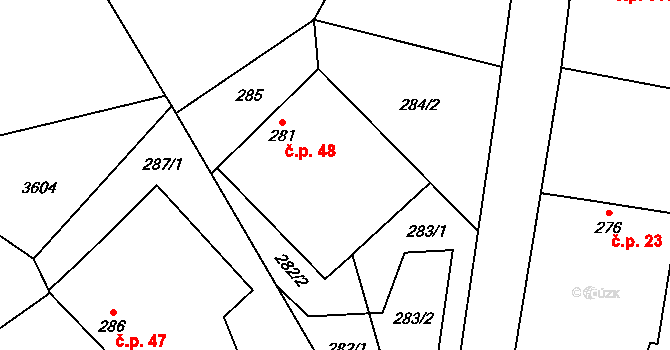 Suchdol nad Lužnicí 48 na parcele st. 281 v KÚ Suchdol nad Lužnicí, Katastrální mapa