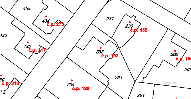 Kyje 192, Praha na parcele st. 232 v KÚ Kyje, Katastrální mapa