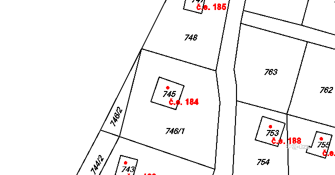 Horákov 184, Mokrá-Horákov na parcele st. 745 v KÚ Horákov, Katastrální mapa