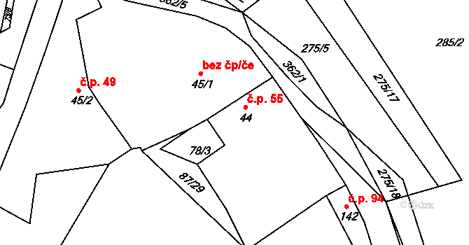 Chotouchov 55, Kořenice na parcele st. 44 v KÚ Chotouchov, Katastrální mapa