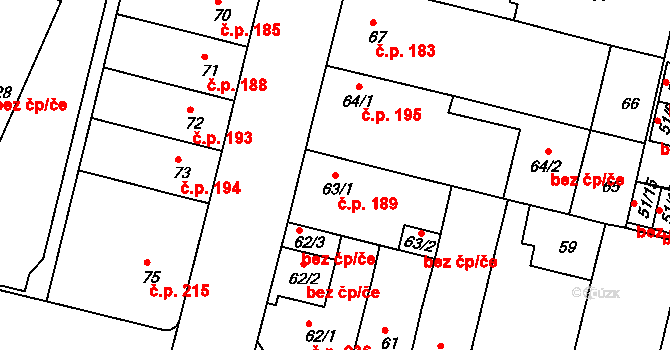 Doudlevce 189, Plzeň na parcele st. 63/1 v KÚ Doudlevce, Katastrální mapa