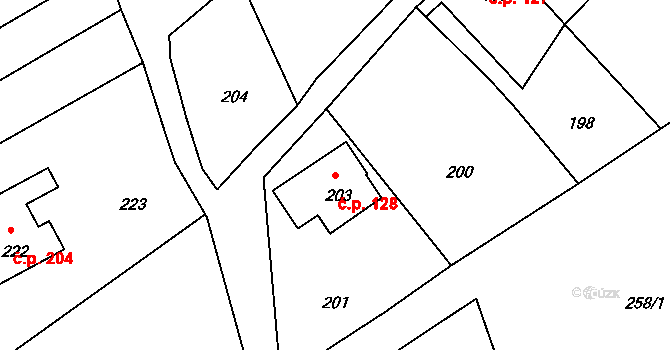 Mistrovice 128, Nový Oldřichov na parcele st. 203 v KÚ Mistrovice u Nového Oldřichova, Katastrální mapa