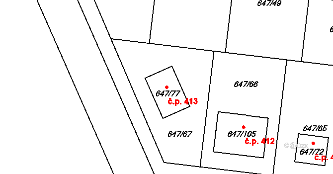 Jirny 413 na parcele st. 647/77 v KÚ Jirny, Katastrální mapa