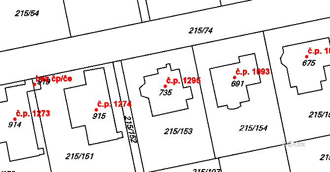 Rudná 1295 na parcele st. 735 v KÚ Hořelice, Katastrální mapa