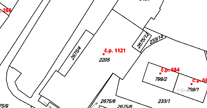 Pacov 1121 na parcele st. 2205 v KÚ Pacov, Katastrální mapa