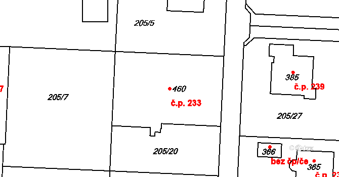 Vysoká nad Labem 233 na parcele st. 460 v KÚ Vysoká nad Labem, Katastrální mapa