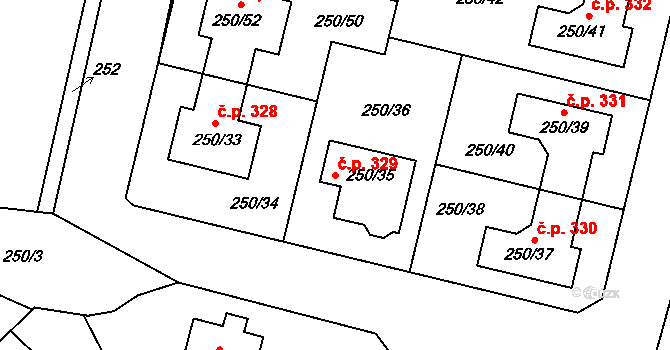 Mochov 329 na parcele st. 250/35 v KÚ Mochov, Katastrální mapa
