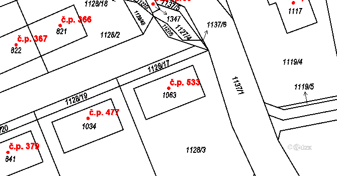 Nučice 533 na parcele st. 1063 v KÚ Nučice u Rudné, Katastrální mapa