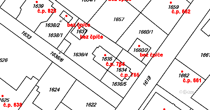 Jemnice 764 na parcele st. 1635 v KÚ Jemnice, Katastrální mapa