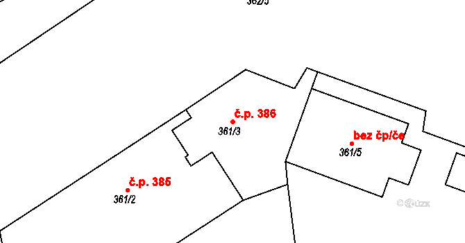 Josefov 386, Jaroměř na parcele st. 361/3 v KÚ Josefov u Jaroměře, Katastrální mapa