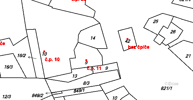 Brťoví 11, Prosetín na parcele st. 9 v KÚ Brťoví, Katastrální mapa