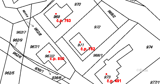 Buchlovice 762 na parcele st. 971 v KÚ Buchlovice, Katastrální mapa