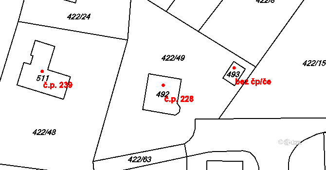 Smrkovice 228, Písek na parcele st. 492 v KÚ Smrkovice, Katastrální mapa