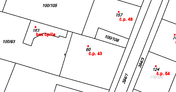 Třibřichy 43 na parcele st. 60 v KÚ Třibřichy, Katastrální mapa