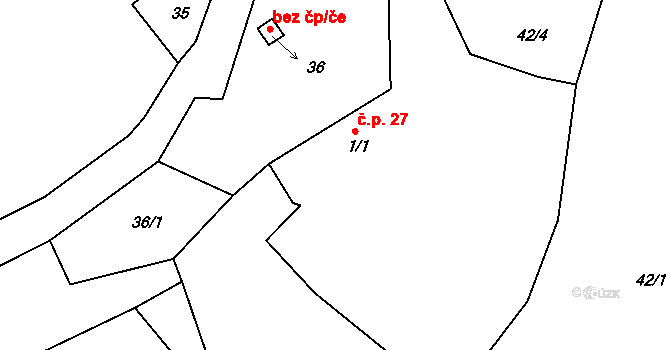 Zahrádka 27, Kostelec nad Vltavou na parcele st. 1/1 v KÚ Zahrádka u Kovářova, Katastrální mapa