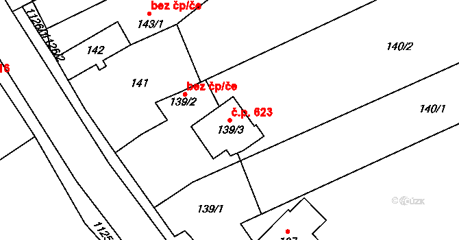 Lázně Bohdaneč 623 na parcele st. 139/3 v KÚ Lázně Bohdaneč, Katastrální mapa