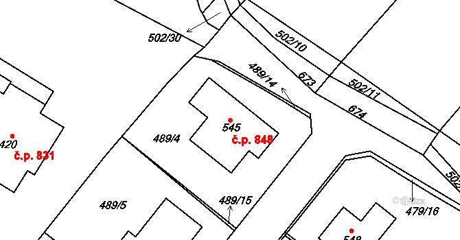 Chvalčov 848 na parcele st. 545 v KÚ Chvalčova Lhota, Katastrální mapa