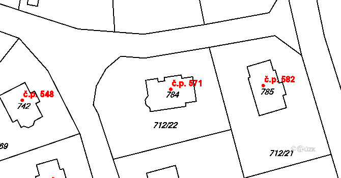 Stará Huť 571 na parcele st. 784 v KÚ Stará Huť, Katastrální mapa