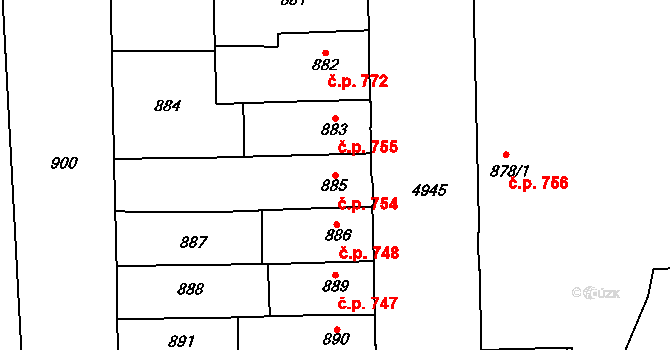 Louny 754 na parcele st. 885 v KÚ Louny, Katastrální mapa