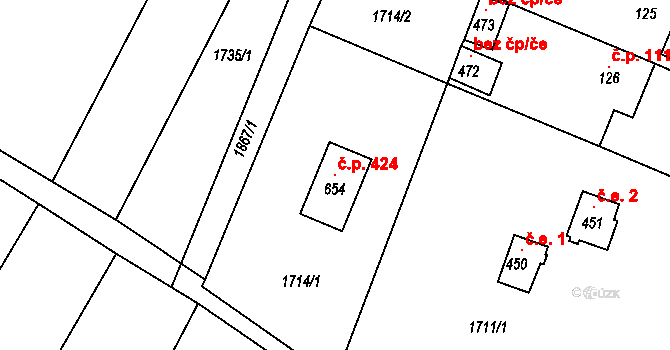 Dobronín 424 na parcele st. 654 v KÚ Dobronín, Katastrální mapa