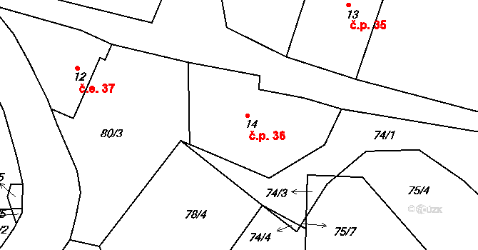 Dobřany 36 na parcele st. 14 v KÚ Dobřany v Orlických horách, Katastrální mapa