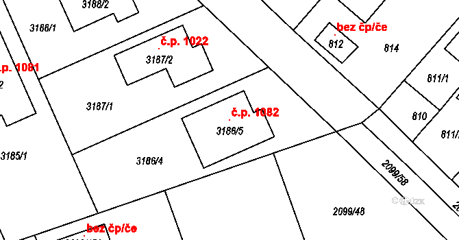 Lužice 1082 na parcele st. 3186/5 v KÚ Lužice u Hodonína, Katastrální mapa