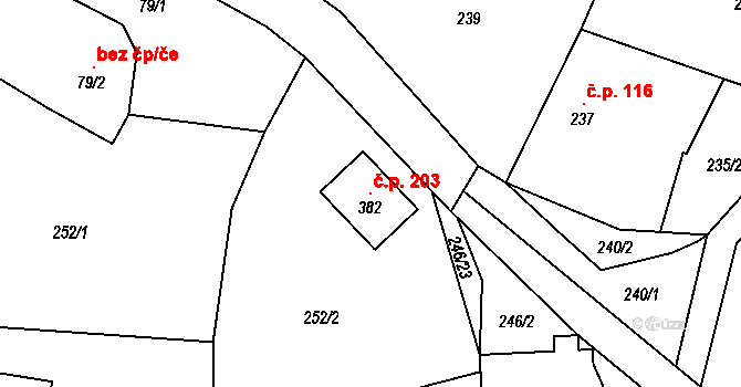 Vojice 203, Podhorní Újezd a Vojice na parcele st. 382 v KÚ Vojice, Katastrální mapa