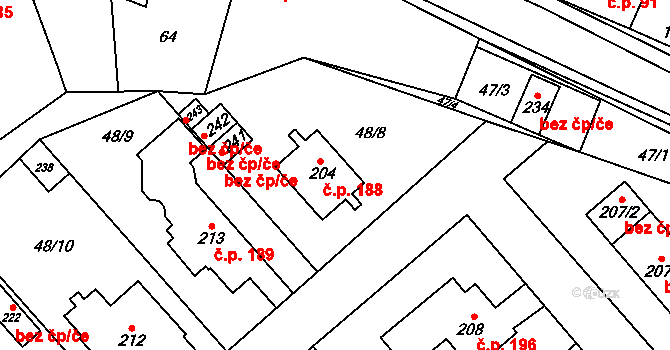 Sluhy 188 na parcele st. 204 v KÚ Sluhy, Katastrální mapa