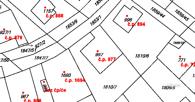 Tišnov 977 na parcele st. 997 v KÚ Tišnov, Katastrální mapa