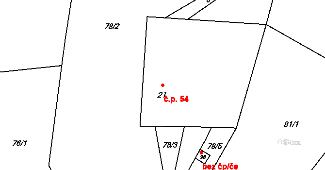 Lomy 54, Člunek na parcele st. 21 v KÚ Lomy u Kunžaku, Katastrální mapa